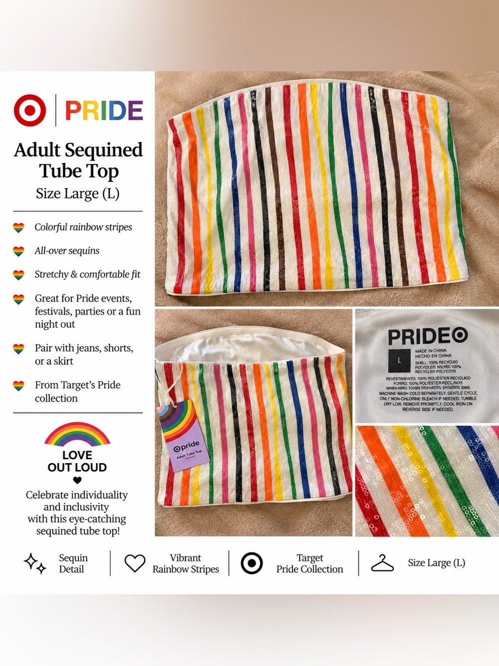 Target Pride Adult Sequined Rainbow Tube Top | Size Large | New With Tags